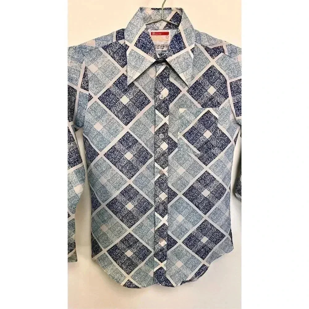 Vintage 90s Zayre Kids Blue Speckled Diamond Long Sleeve Button Up Shirt Size 12